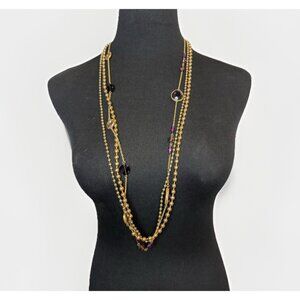 Chicos Gold Tone Purple Rhinestone Layered Long MultiStrand Necklace